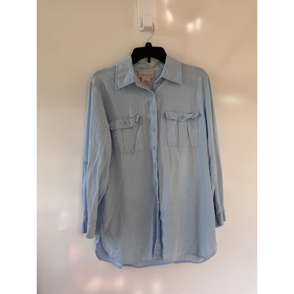 Robert Louis Linen Rayon Blue Button Up Shirt Roll Tab Sleeve Utility Top Medium